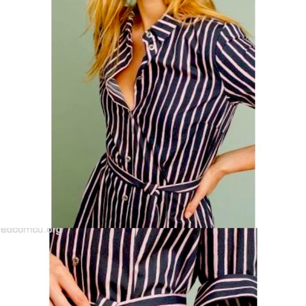 Marimekko long sleeve striped shirt dress- charcoal gray with pink stripes.